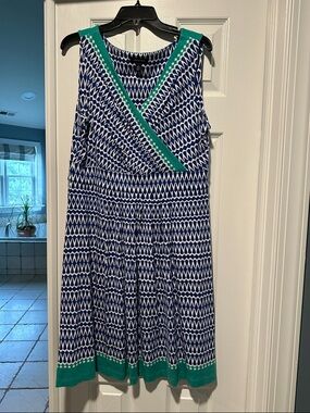 Lands' End Blue and White Sleeveless Midi Dress with Green Trim